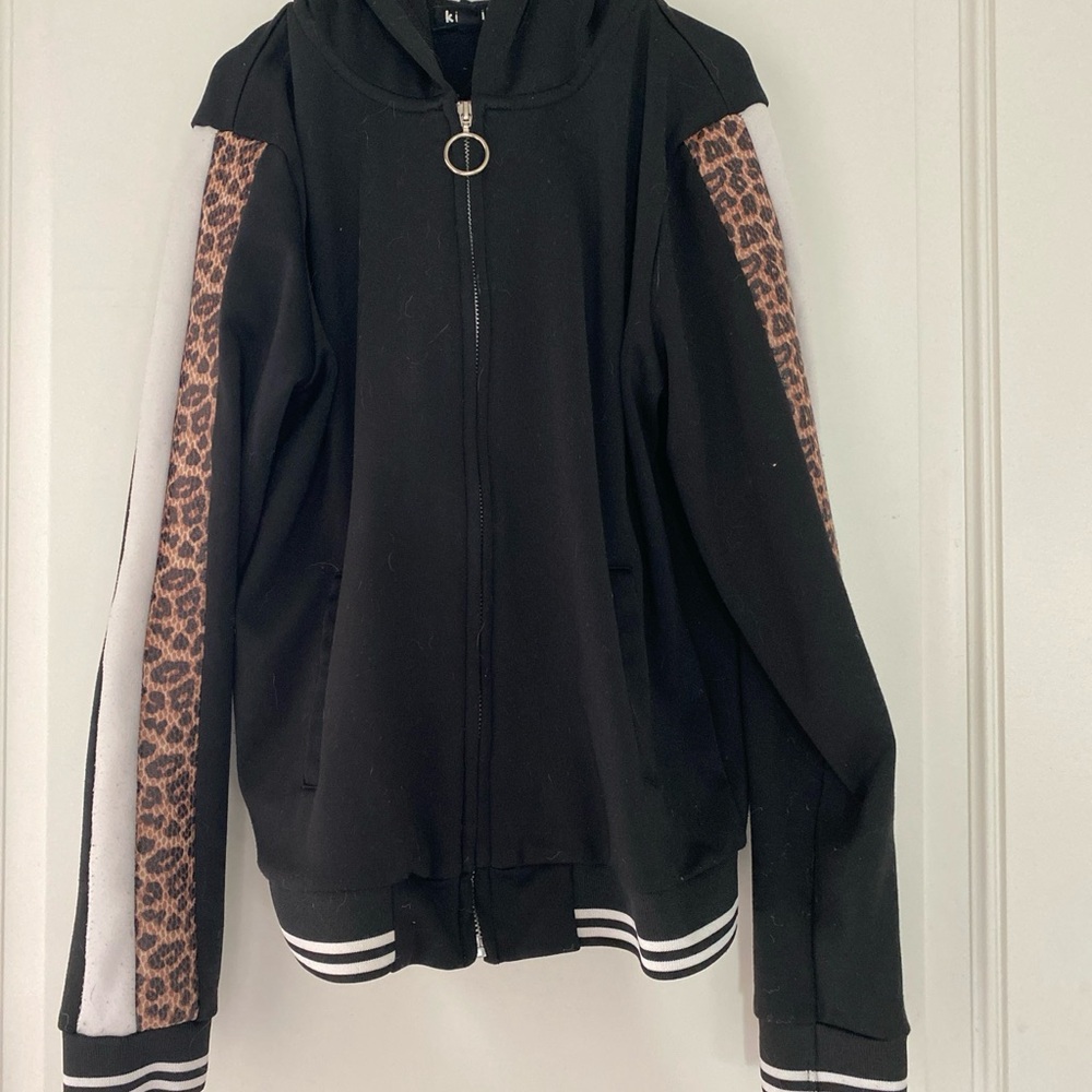 Kendall & Kylie Black Bomber Jacket with Leopard Print